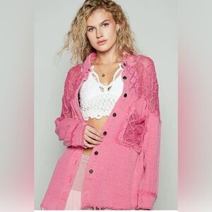 POL Hot Pink Oversized Lace Gauze Button Down Shirt Jacket NWOT